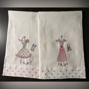 Vintage Embroidered White Tea Towels with Dress Designs
